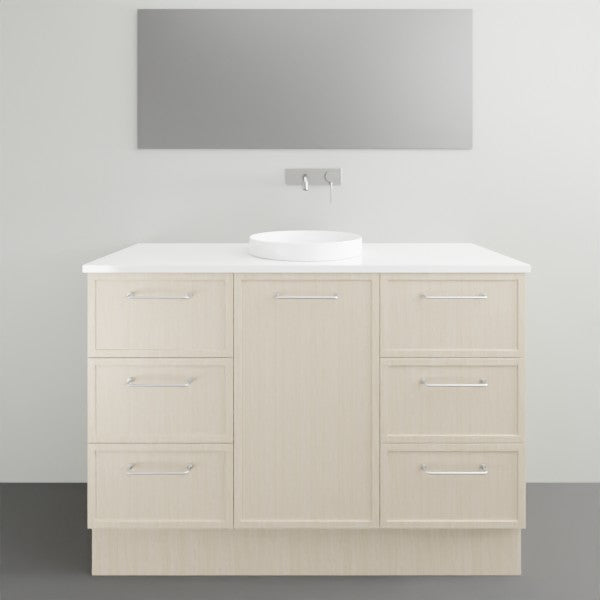 Marquis Hamilton floor standing vanity with white solid surface top and round basin, in light woodgrain finish, front view