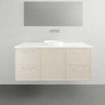 Marquis Hamilton wall hung vanity in light woodgrain finish with white top and round above-counter basin