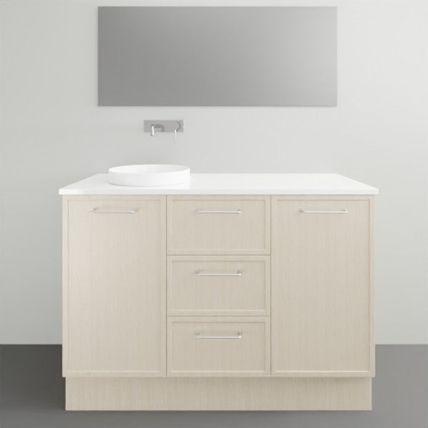 Marquis Hamilton floor standing vanity in light woodgrain with white solid surface top and offset basin, front view