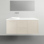 Marquis Hamilton wall hung vanity in light woodgrain with white solid surface top and round basin, front view