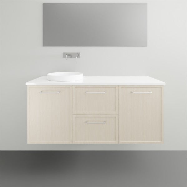 Marquis Hamilton wall hung vanity in light woodgrain with white solid surface top and round basin, front view