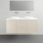 Marquis Hamilton wall hung vanity in light oak with white solid surface top and twin round basins, front view