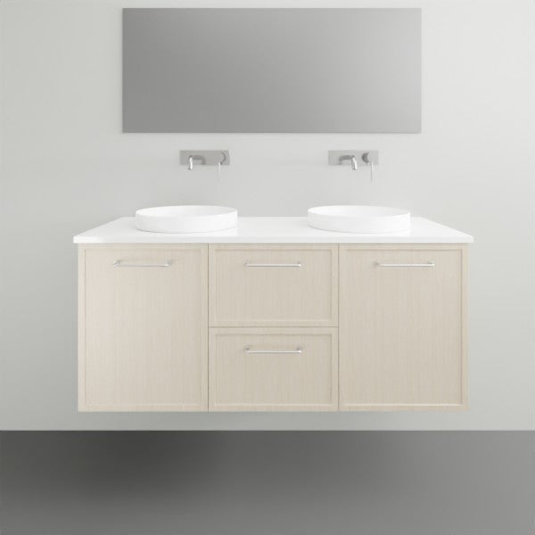 Marquis Hamilton wall hung vanity in light oak with white solid surface top and twin round basins, front view