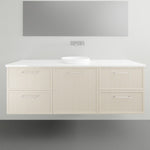 Marquis Hamilton wall hung vanity with white solid surface top, centre basin and pale woodgrain drawers, front view