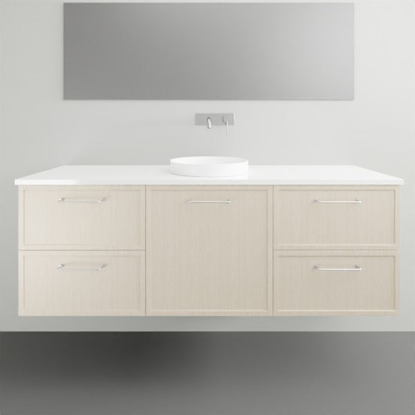 Marquis Hamilton wall hung vanity with white solid surface top, centre basin and pale woodgrain drawers, front view
