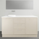 Marquis Hamilton floor standing vanity in light oak with white solid surface top and round basin, front view