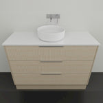 Marquis Lake floor standing vanity in coastal oak with white top, three drawers and round above-counter basin