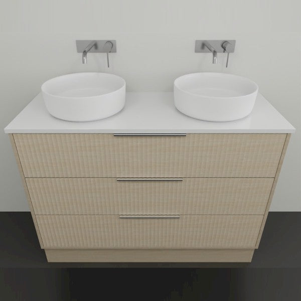 Marquis Lake floor standing vanity in coastal oak with white top and twin round above-counter basins