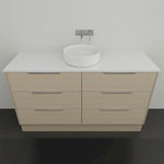 Marquis Lake floor standing vanity in coastal oak with white top and round above-counter basin, front view