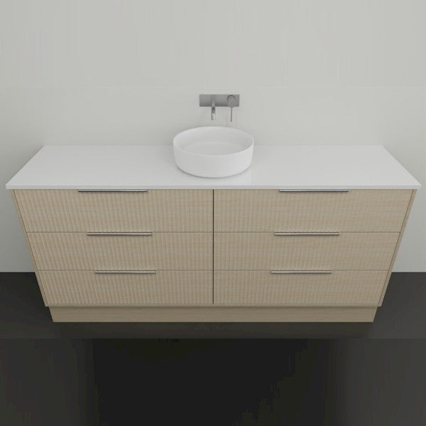 Marquis Lake floor standing vanity in Coastal Oak with white top and round above-counter basin, front view, six drawers