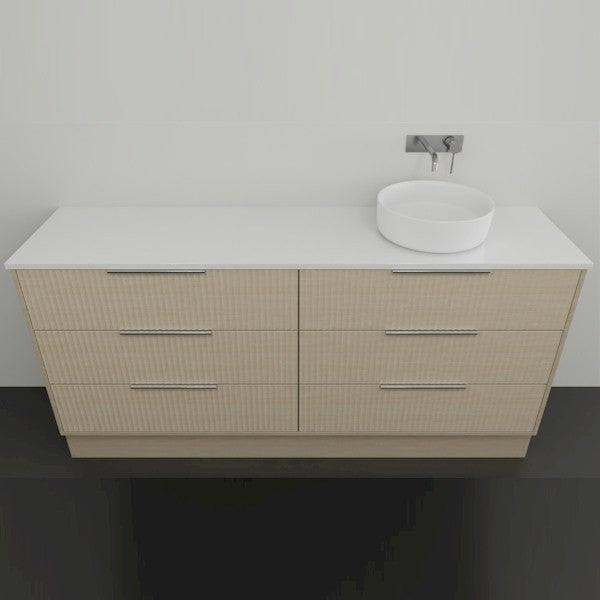 Marquis Lake floor standing vanity with white top, coastal oak finish, six drawers and round above-counter basin