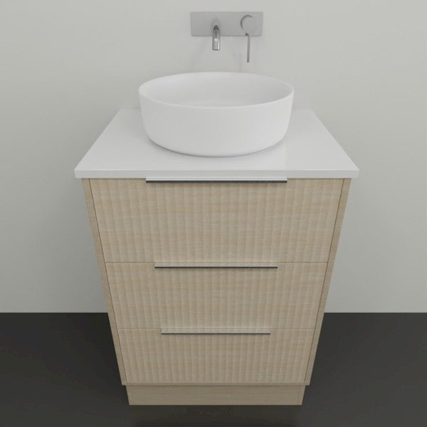 Marquis Lake floor standing vanity in coastal oak with white top, black handles and above-counter basin, front view