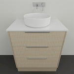 Marquis Lake floor standing vanity in coastal oak with white benchtop, round above-counter basin and black handles