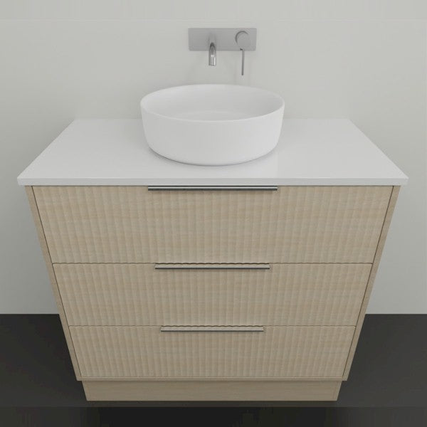 Marquis Lake floor standing vanity in coastal oak with white top, above-counter basin and three drawers