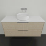 Marquis Lake wall hung vanity in light woodgrain with white benchtop, two drawers and round above-counter basin