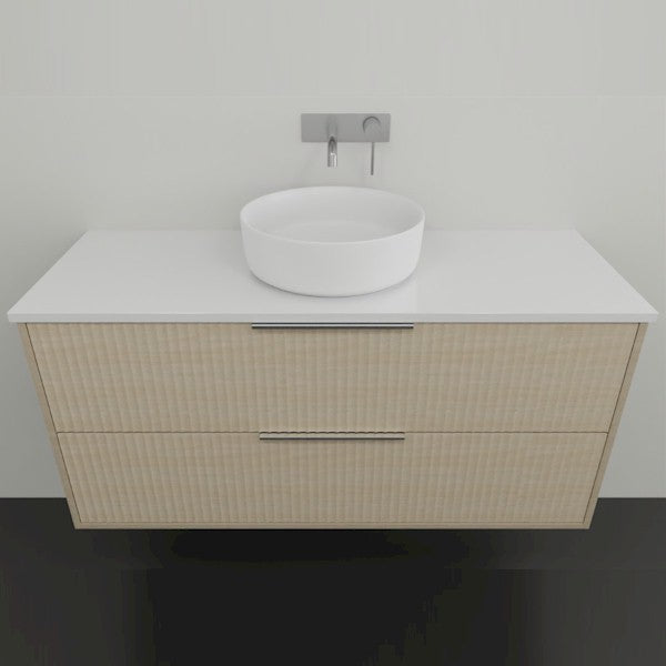 Marquis Lake wall hung vanity in light woodgrain with white benchtop, two drawers and round above-counter basin