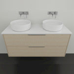 Marquis Lake wall hung vanity with white top, coastal oak drawers and two round above-counter basins in front view