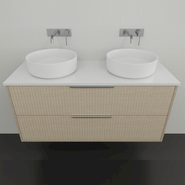 Marquis Lake wall hung vanity with white top, coastal oak drawers and two round above-counter basins in front view