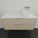 Marquis Lake wall hung vanity in coastal oak with white benchtop, wall-mounted, featuring two drawers and round above-counter basin
