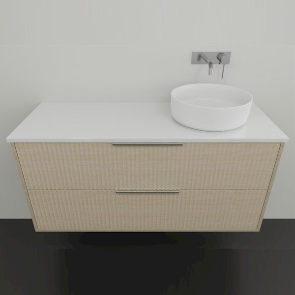Marquis Lake wall hung vanity in coastal oak with white benchtop, wall-mounted, featuring two drawers and round above-counter basin