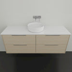 Marquis Lake wall hung vanity in coastal oak with white benchtop and round above-counter basin, front view