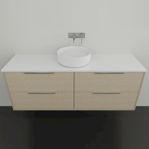 Marquis Lake wall hung vanity in coastal oak with white benchtop and round above-counter basin, front view