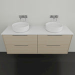 Marquis Lake wall hung vanity with white benchtop, coastal oak woodgrain drawers and two above-counter basins, front view