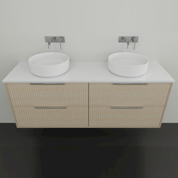 Marquis Lake wall hung vanity with white benchtop, coastal oak woodgrain drawers and two above-counter basins, front view