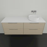 Marquis Lake wall hung vanity with white top, woodgrain finish and four drawers, shown front on with round above-counter basin