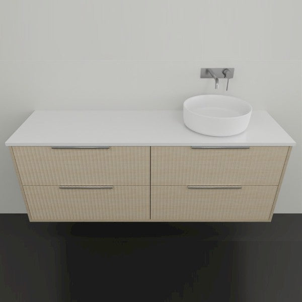 Marquis Lake wall hung vanity with white top, woodgrain finish and four drawers, shown front on with round above-counter basin