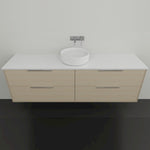 Marquis Lake wall hung vanity with white benchtop, woodgrain drawers and round above-counter basin
