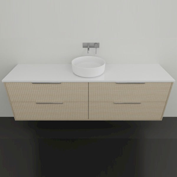 Marquis Lake wall hung vanity with white benchtop, woodgrain drawers and round above-counter basin