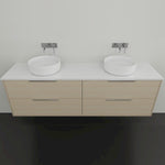 Marquis Lake wall hung vanity with white top, coastal oak woodgrain finish and two above-counter basins, front view