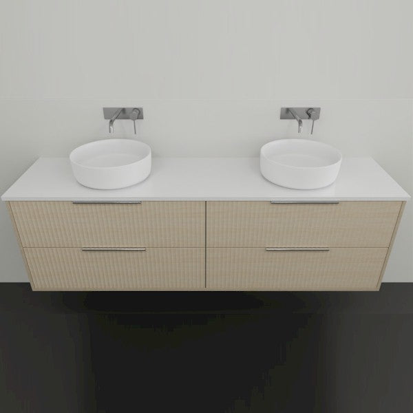 Marquis Lake wall hung vanity with white top, coastal oak woodgrain finish and two above-counter basins, front view