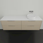 Marquis Lake wall hung vanity with white benchtop, light woodgrain drawers and round above-counter basin
