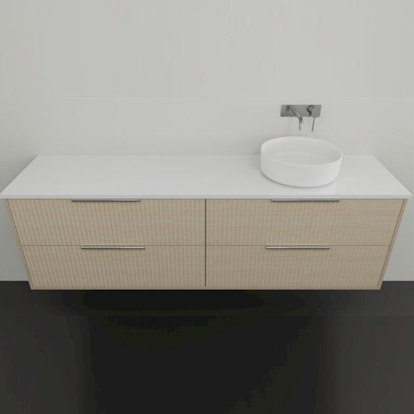 Marquis Lake wall hung vanity with white benchtop, light woodgrain drawers and round above-counter basin