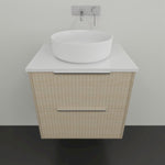 Marquis Lake wall hung vanity with white top and round above-counter basin, shown in coastal oak woodgrain finish