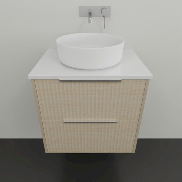 Marquis Lake wall hung vanity with white top and round above-counter basin, shown in coastal oak woodgrain finish