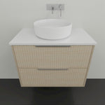 Marquis Lake wall hung vanity in coastal oak with white benchtop and round above-counter basin, front view