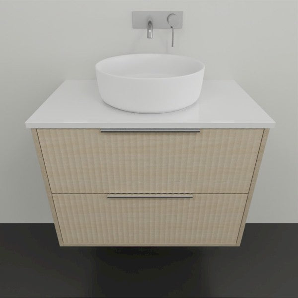 Marquis Lake wall hung vanity in coastal oak with white benchtop and round above-counter basin, front view