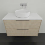 Marquis Lake wall hung vanity in coastal oak with white top and above-counter basin, front view