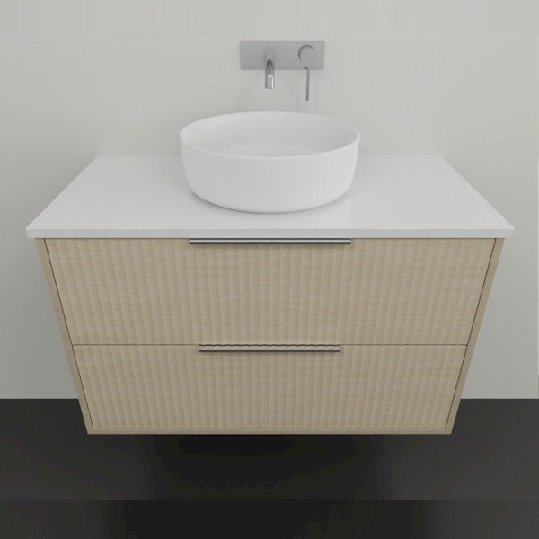 Marquis Lake wall hung vanity in coastal oak with white top and above-counter basin, front view