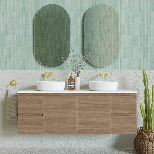 Marquis Marq wall hung vanity in woodgrain finish, shown in a bathroom with double basins and mirrors