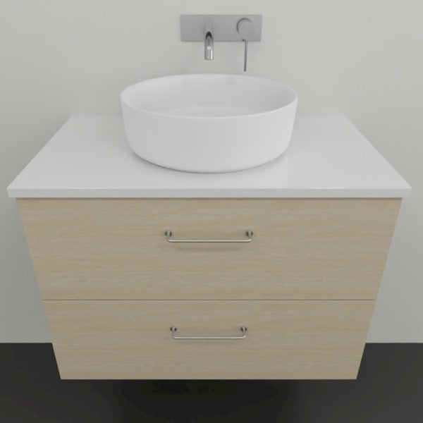 Marquis Marq wall hung vanity in Coastal Oak with white top and basin, front view, two drawers
