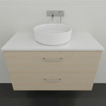 Marquis Marq wall hung vanity with white top, round basin and woodgrain drawer fronts, front view