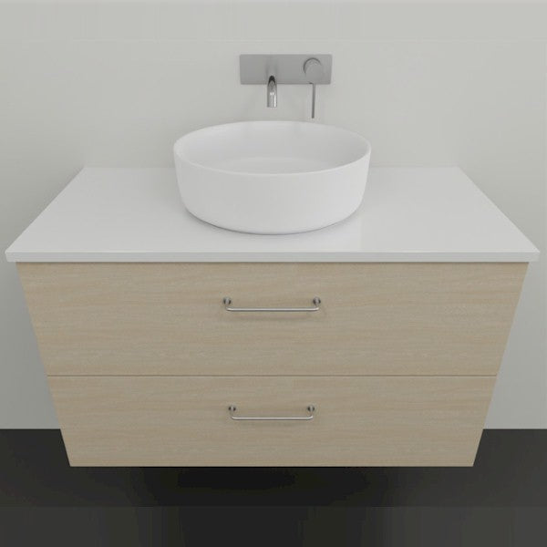 Marquis Marq wall hung vanity with white top, round basin and woodgrain drawer fronts, front view