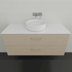 Marquis Marq wall hung vanity with white top, timber-look drawers and round above-counter basin, front view