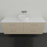 Marquis Marq wall hung vanity in coastal oak with white top and round above-counter basin, front view