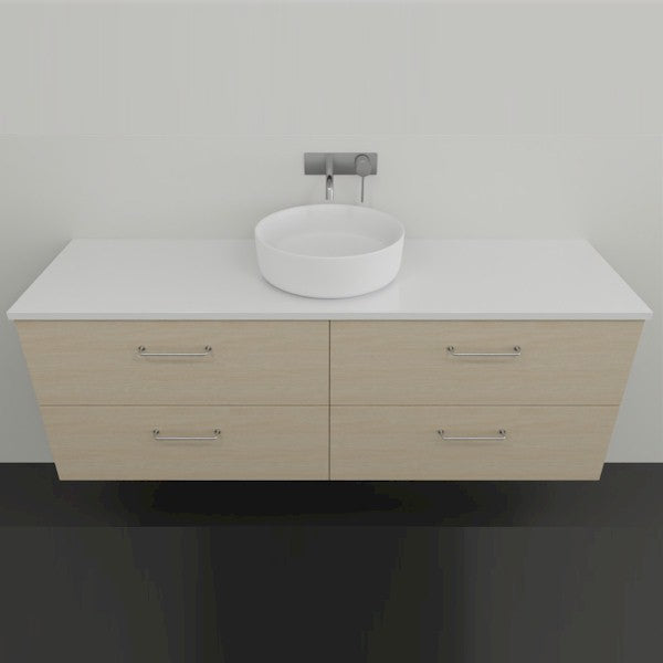 Marquis Marq wall hung vanity in coastal oak with white top and round above-counter basin, front view
