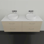 Marquis wall hung vanity with light woodgrain finish, white top, four drawers and twin round above-counter basins with wall taps